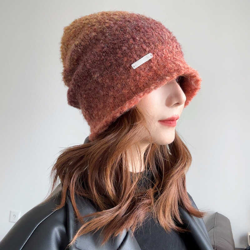 Шерстяная круглая шапка для осени и зимы, шерстяная шапка с большой окружностью головы, универсальная, повседневная, холодная, с постепенным изменением, для защиты ушей, теплая вязаная шапка