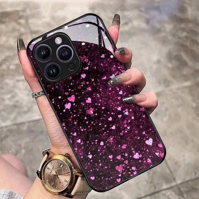 Закаленное стекло чехол для телефона для iPhone 17 16 15 14 13 12 11pm Pro Plus. Дизайн с розовым сердцем на весь экран.