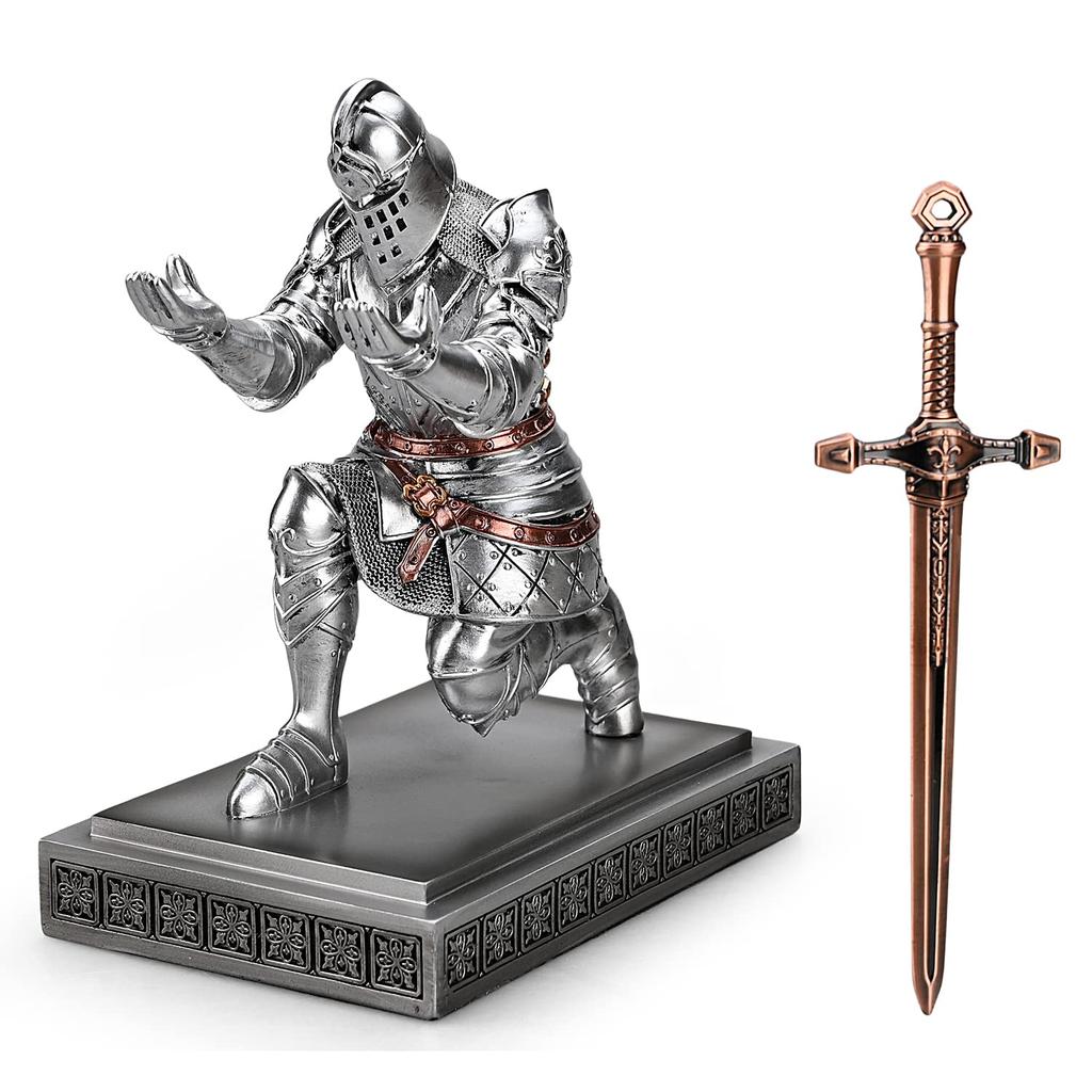 HDMbigmi Kingsguard Knight Pen Holder Pen Stand Desk Organizer and Accessories Resin Pencil Holder Gift with Metal Sword Letter Opener for Office or