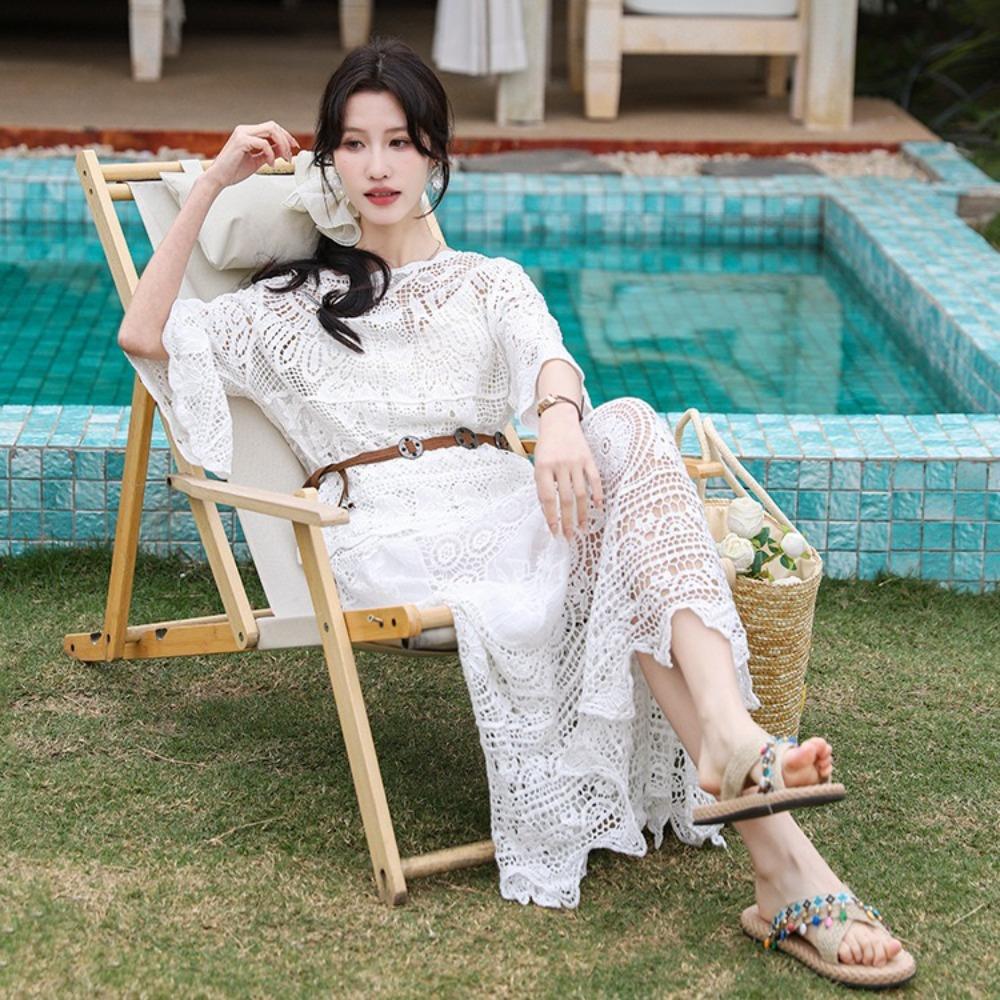 Dimanaf 2025 Женский новый костюм юбка вязаный пляжный короткий рукав кружевной ажурный сексуальный О-образный вырез ажурный летний стиль топы футболки свободные базовые