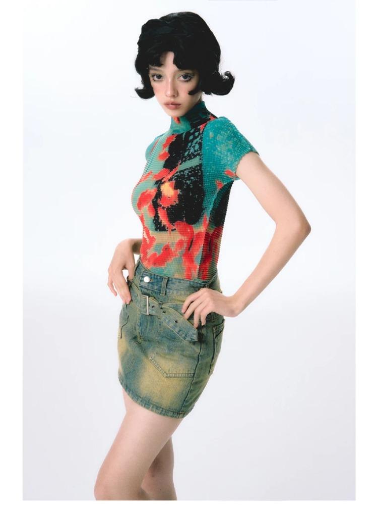 Женские облегающие футболки с коротким рукавом, футболки с принтом тай-дай, эластичные укороченные топы Goblin Core 2000-х годов, кокетка Gyaru Aesthetic Kpop Kawaii Summer