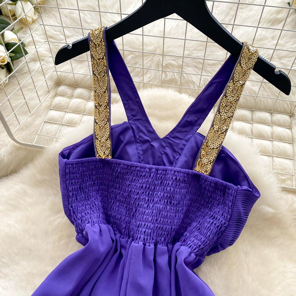 Summer Women Sexy Purple Strapless Open Back Sequined Beading Long Midi Holiday Beach Dress