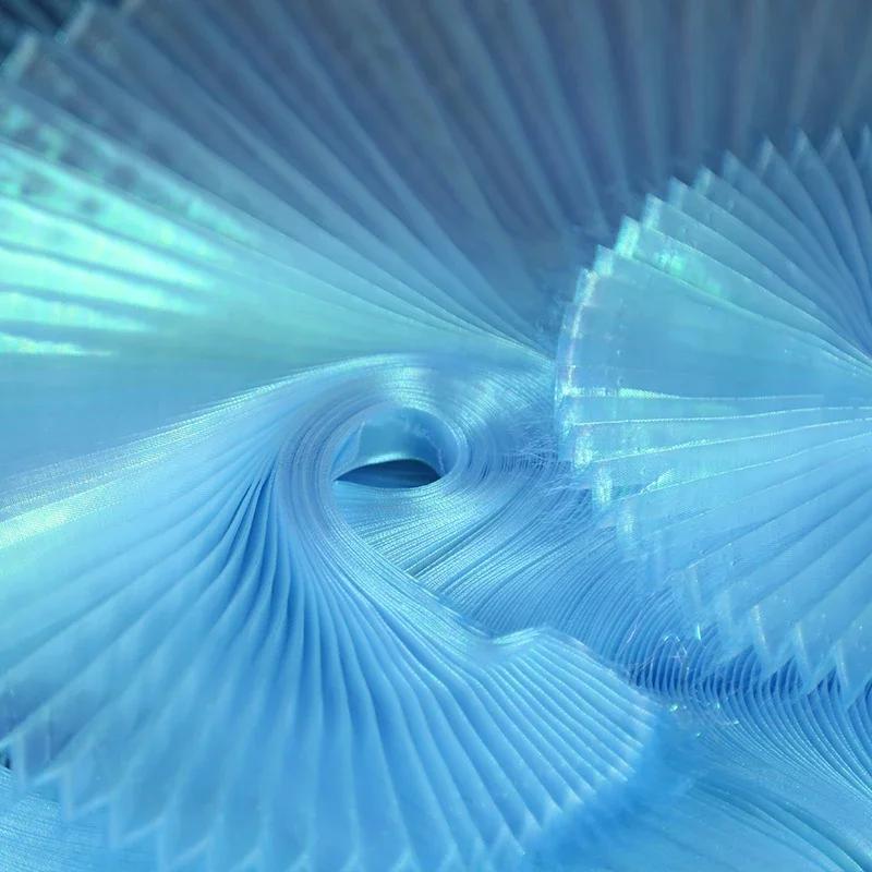 Mermaid Himeji Texture Pleated Fabric Crepe By The Meter for Clothes Stage Decoration Sewing Designer Cloth Glossy White Blue