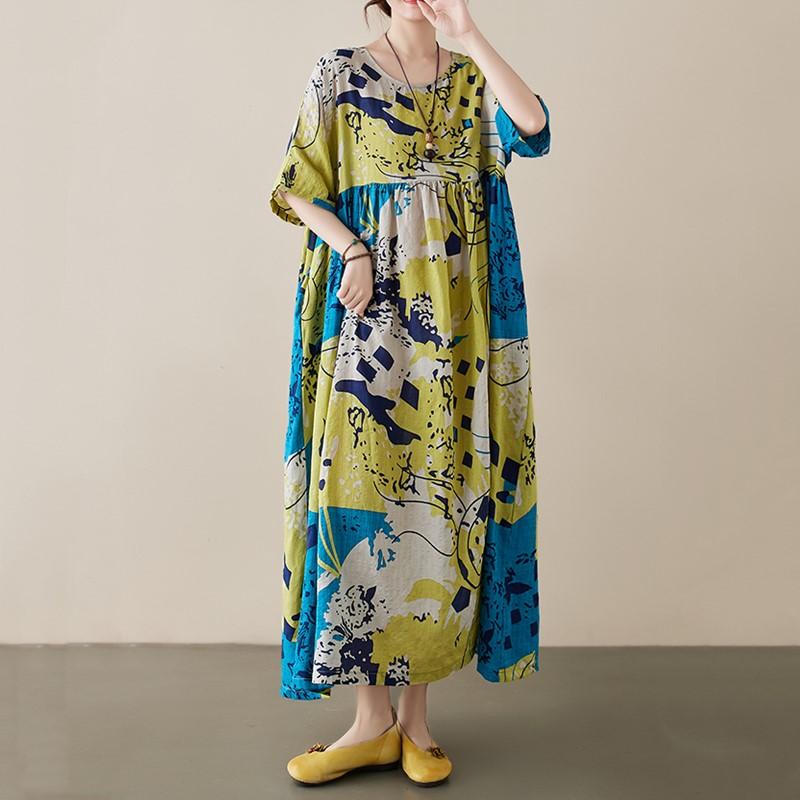 Новые платья из хлопка с короткими рукавами больших размеров и цветочным принтом для женщин, повседневные свободные длинные летние платья
