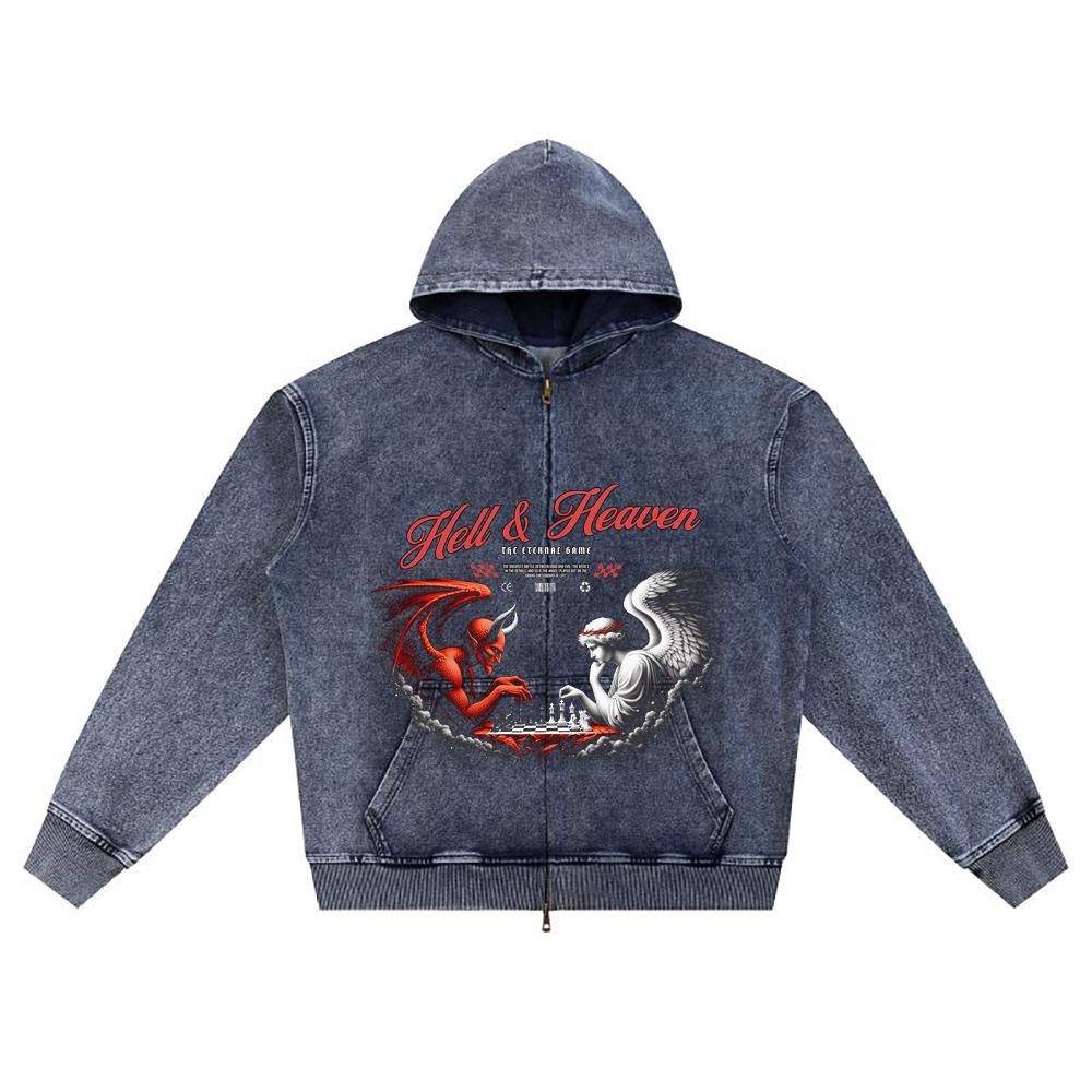 DTG Print Knitted Denim Zip-Up Hoodie Hell & Heaven Brother Print Zipper Hoodies