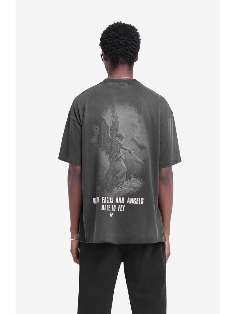 REPRESENT REP Письмо Ангел Принт Винтажная Стирка Потертый Свободный Короткий Рукав Футболка для Мужчин и Женщин