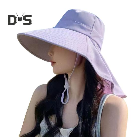Women Sun Hat Large Brim Sun-Blocking Design Breathable UV Protection Hat Solid Color Adjustable Drawstring Outdoor Tea Hat