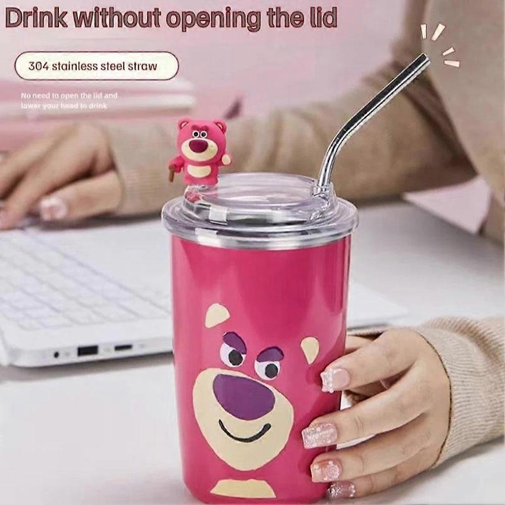 480Ml Stainless Steel Strawberry Bear Insulated Mug, Office Hand-Held Coffee Cup, Straw, Girlfriend Gift