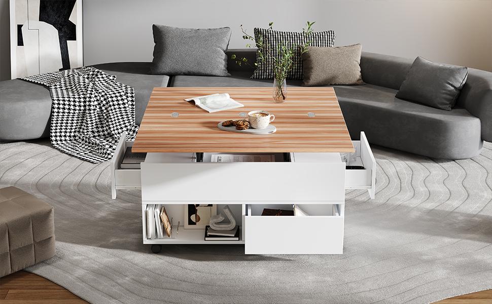 100*50*52cm Coffee Table with 4 Wheels, Living Room Table with 4 Drawers, Liftable Coffee Table, Height-Adjustable Sofa Table, White + Wood Color