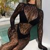 Женский сексуальный комбинезон с вырезом, прозрачный, кружевной, с сеткой, длинные рукава, высокая эластичность, тонкий