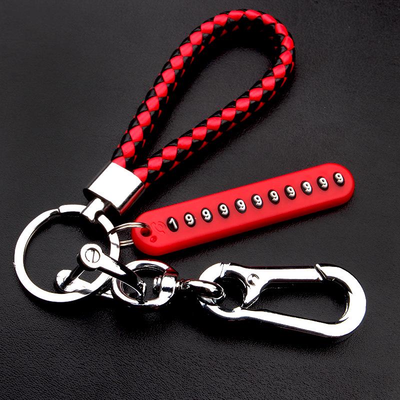 Men’s Leather Cord Keychain with Metal Anti-Lost Phone Tag and Stainless Steel Car Pendant.