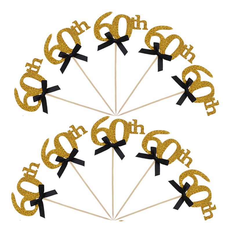 10 шт. золотые серебряные украшения для торта на 30-е, 40-е, 50-е, 60-е годы, украшение для вечеринки по случаю дня рождения, украшения для кексов с черным бантом на годовщину для взрослых