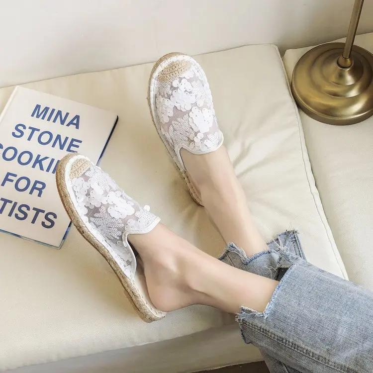 Fashion Sequined Slippers Women's Summer All-match Flat Sandals Women Retro Mesh Lace Slippers Fashion Loafers Bling Muller Shoes