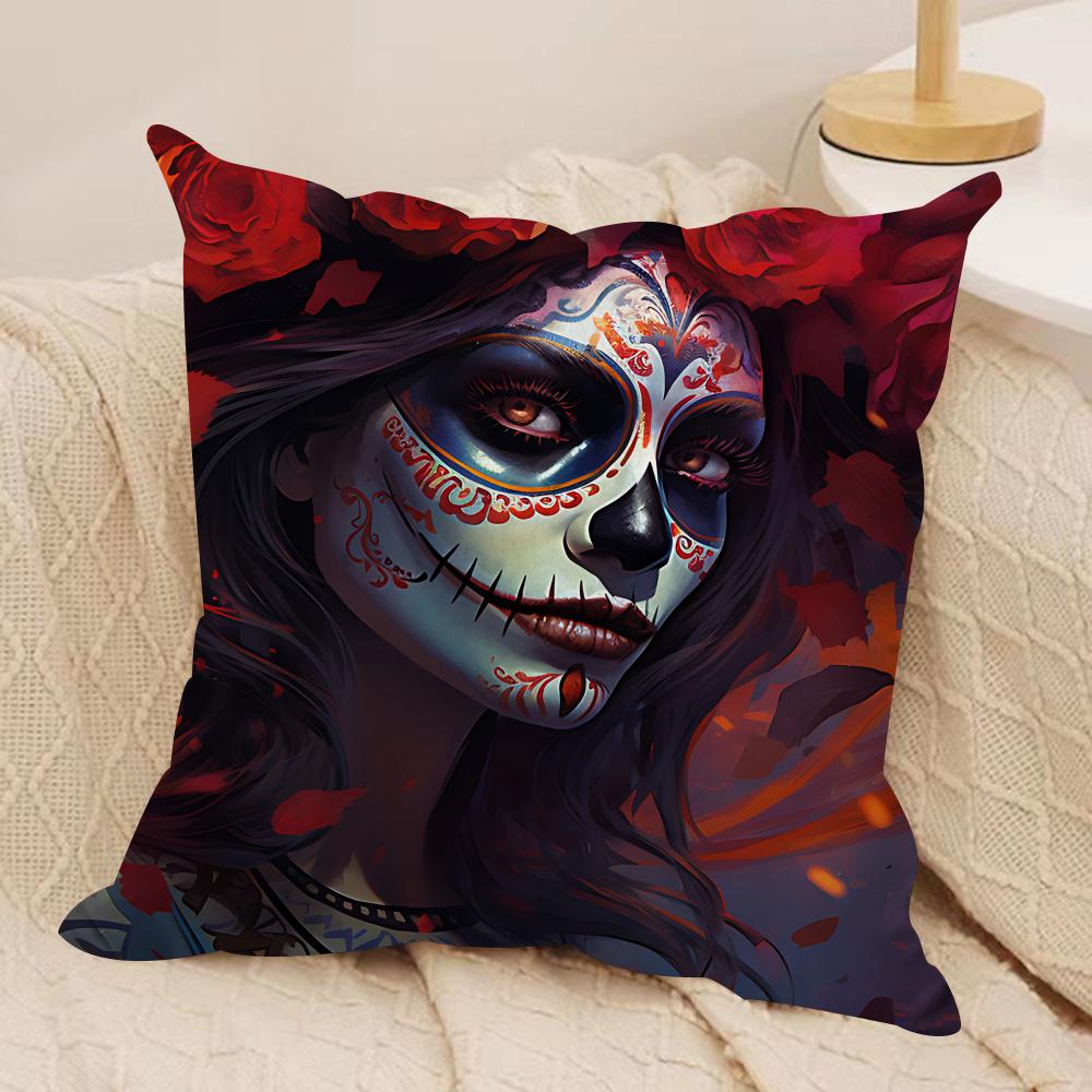 Sugar Skull Girl Cushion Cover Soft Plush Fabric DoubleSided Printed Sofa Cushion Cover for All Seasons Home Decor Gift