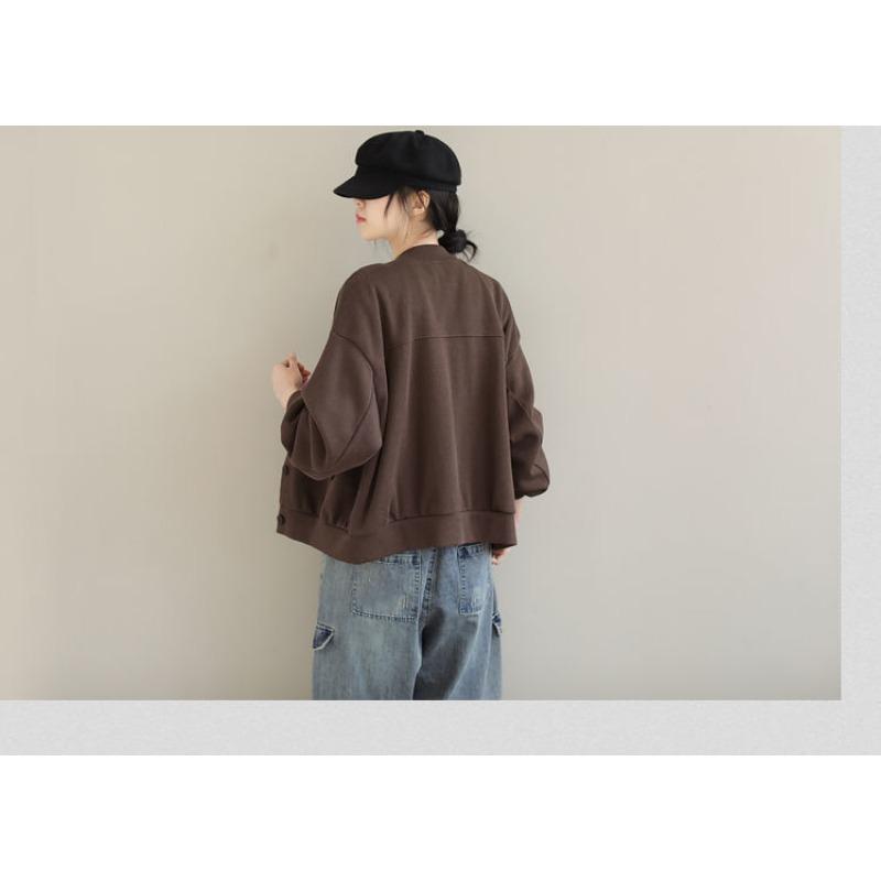 Женская хлопковая свободная литературная короткая куртка с длинными рукавами, однотонный воротник-стойка, универсальная повседневная блузка с карманами, прикрывающая мясо