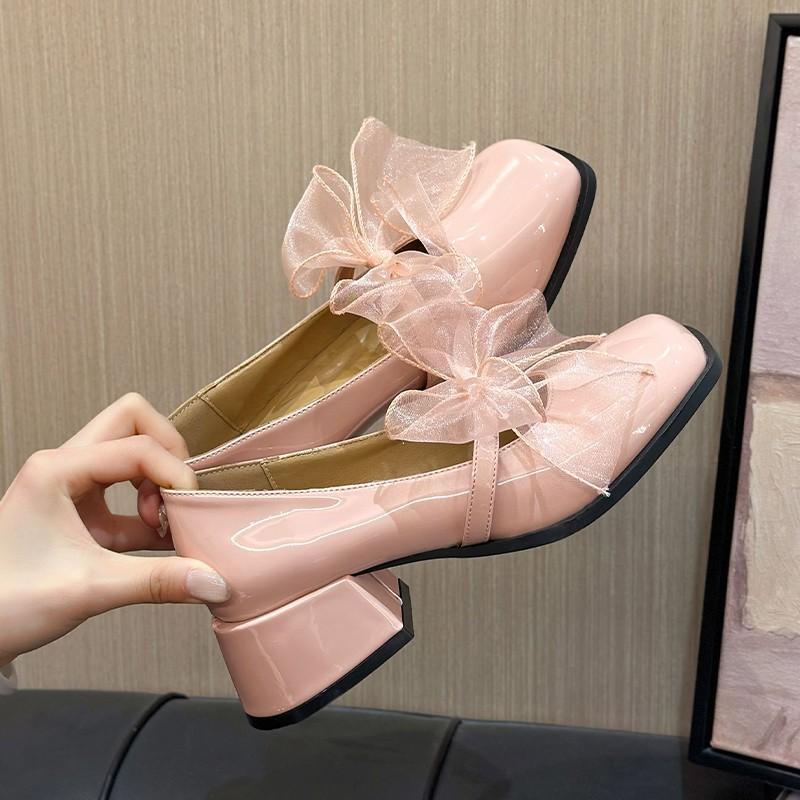 Thick Heel Shallow Mouth Single Shoes Women's Word with Mary Jane Shoes Ribbon Bow with Skirt Small Leather Shoes