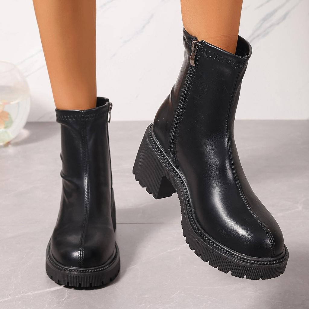 Мода Модные толстые высокие каблуки ботильоны женские 2024 осень боковая молния PU кожаные ботинки женские большие размеры черные толстые каблуки ботильоны
