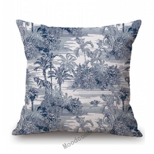 Toile De Jouy Jungle Animals Tiger Giraffe Tiger Crane Birds Navy Blue Greenish Pattern Decorative Pillow Case Car Cushion Cover