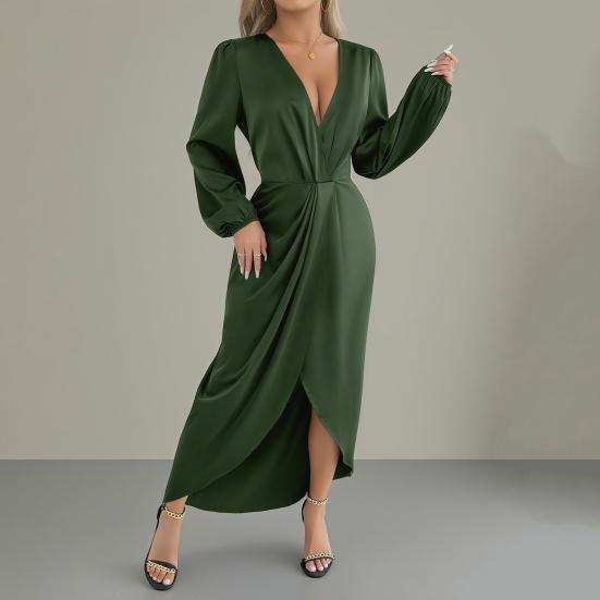 Женское атласное платье-запа́х длинное с V-образным вырезом, длинным рукавом, макси, с высоким разрезом, вечернее платье для вечеринки, коктейльное платье
