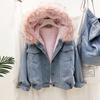 Velvet Thick Denim Jacket Female Winter Big Faux Fur Collar Korea Denim Coat Female Student Short Coat