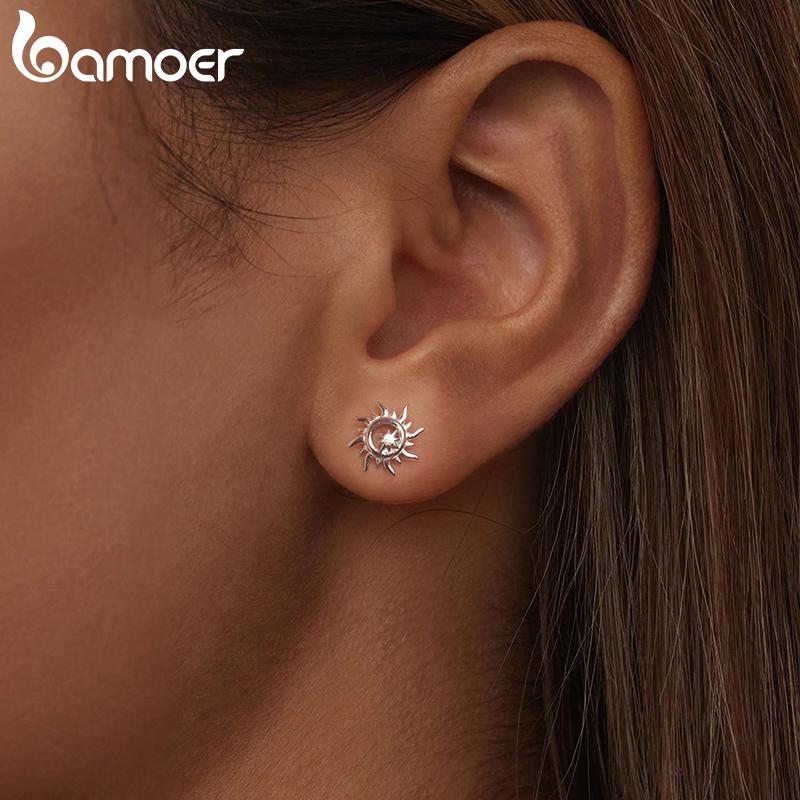 BAMOER Solid 925 Sterling Silver Chic Sun Stud Серьги Изящные Повседневные Серьги для Женщин Гипоаллергенные Украшения