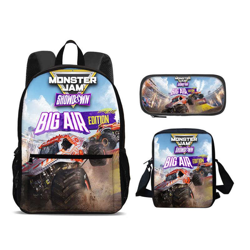 Рюкзак, Пенал, Сумка через плечо Monster Jam Набор из 3 предметов Большая вместимость Мультяшный принт Лучший подарок на день рождения для мальчиков и девочек