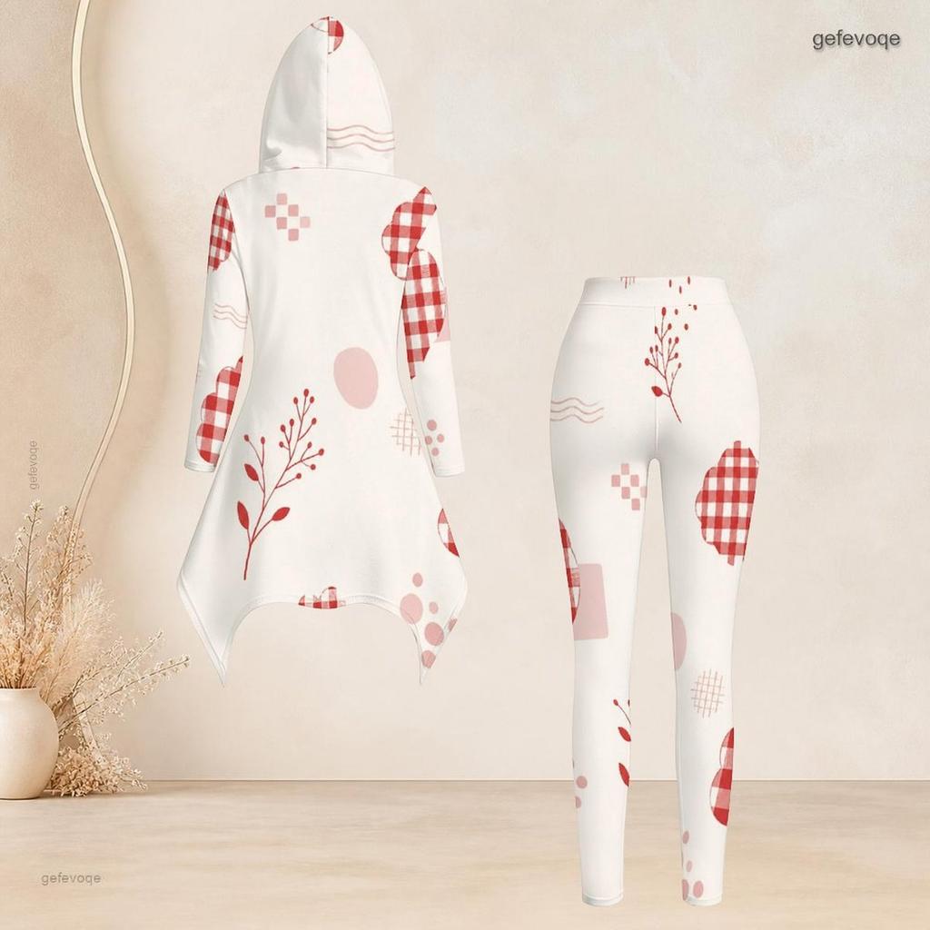 Women Plus Size Hooded Long Sleeve Floral Plaid Printed High Low Top Fitted Pants Two Piece Set