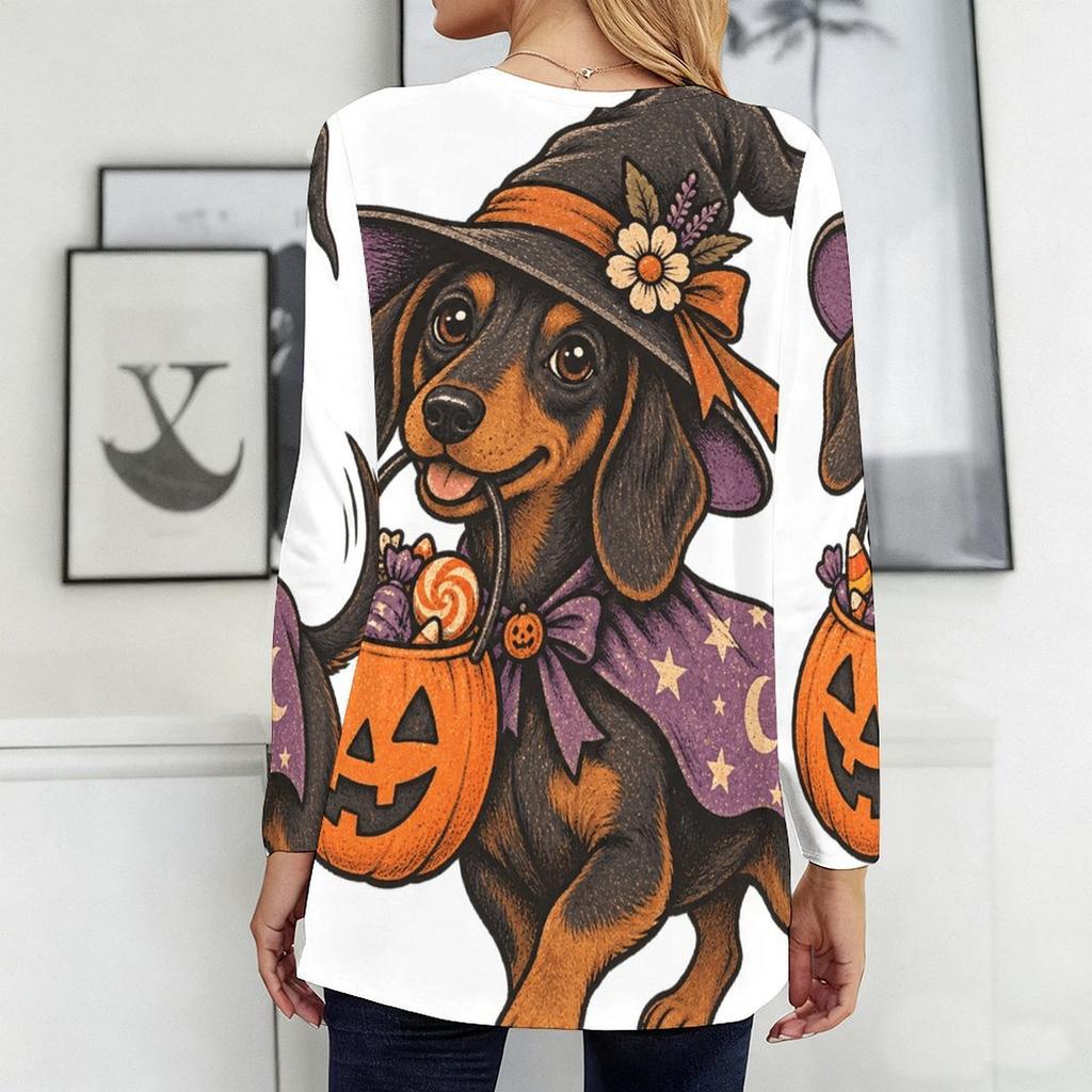Women Plus Size Round Neck Long Sleeve T Shirt Halloween Dachshund Printed Pockets Loose Top