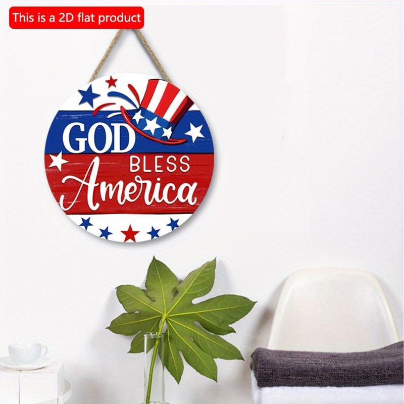 2D Flat 20cm1pc God Bless American Sign USA Flag Cap&Stars Patterns Round Wooden Pendant, Celebrate Independence Day Party Decoration Wood Crafted Art