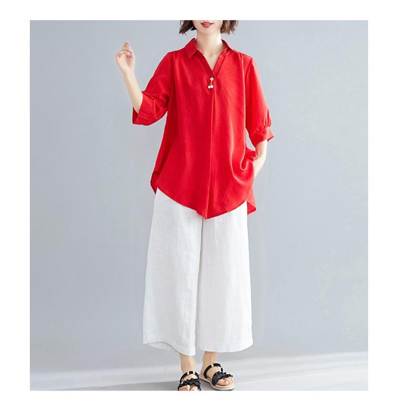 Летняя женская рубашка с короткими рукавами, элегантный V-образный вырез, нерегулярный хлопковый лен, удобный свободный повседневный дышащий топ