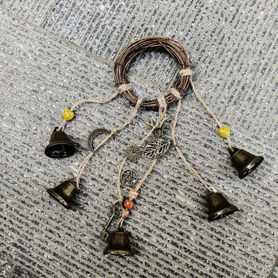 Door Knob Witch Bell Home Protection Handmade Hanging Brass Bell Rattan Wreath Witchcraft Door Hanger