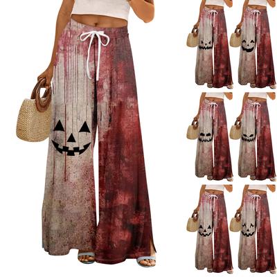 Женские летние брюки палаццо в стиле бохо с высокой талией и широкими штанинами, с принтом на Хэллоуин, повседневные брюки с карманами