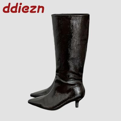 Мода Мода Низкий каблук Женские Сапоги до колена Натяжные Туфли Женские Зимние Осенние Остроносые Вечерние Женские Длинные Современные Сапоги Обувь