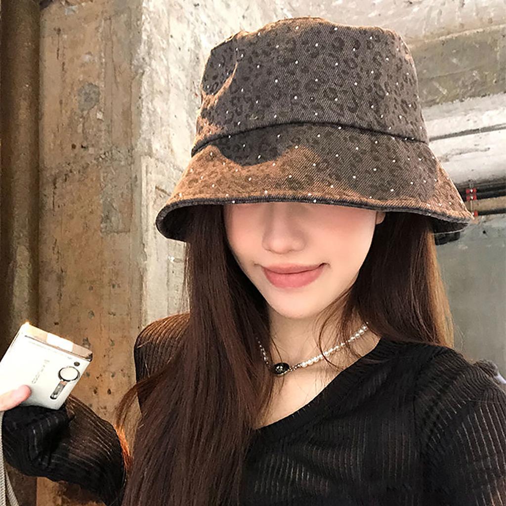 Fashion Leopard Bucket Hat for Women Cotton Sunshade Dome Basin Fisherman Cap Retro Shiny Sequins Girls Outdoor Hat