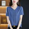 Летняя новая трикотажная рубашка Ice Silk, женская свободная футболка с V-образным вырезом и коротким рукавом, тонкий топ с коротким рукавом
