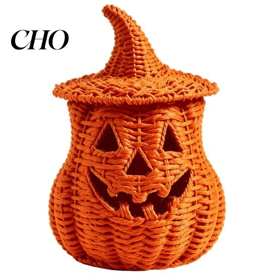 Halloween Mantel Decor Pumpkin Lantern Tabletop Decor, Woven Witch Hat Candy Bowl & LED Indoor Outdoor Porch Ornament Prop, Gothic Fall Centerpiece