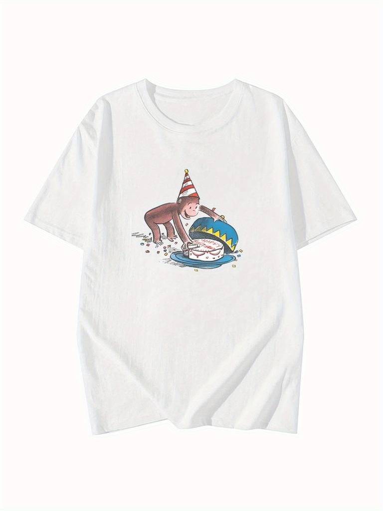 Womens Cartoon Graphic Sleeve Crew Neck Summer Top with Playful Party Hat Cake Design Harajuku Short Sleeve Casual