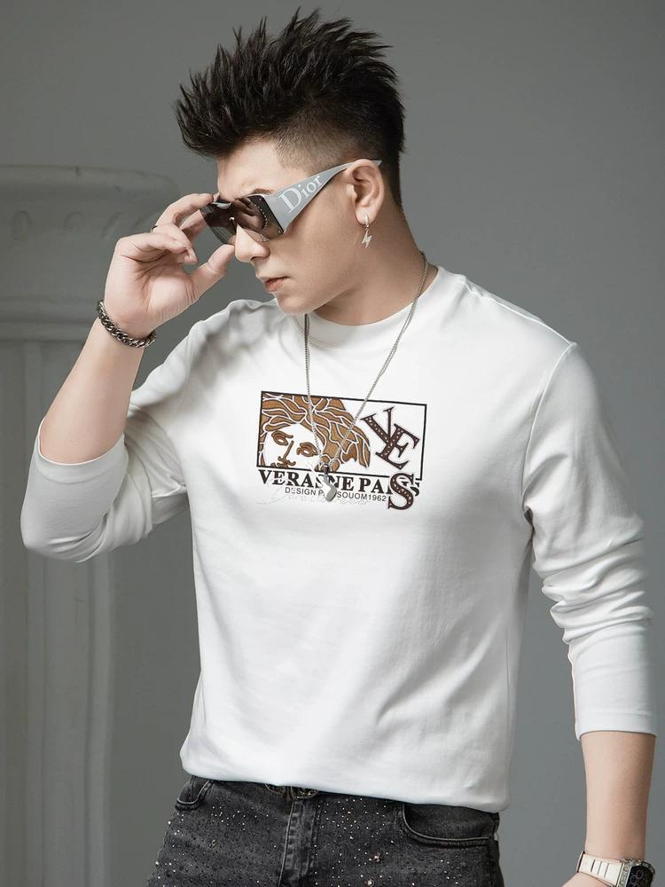 European Style 2025 New Long-Sleeve T-Shirt for Men, Autumn Trendy Brand Printed Rhinestone Base Shirt, Men's Top with Round Neck