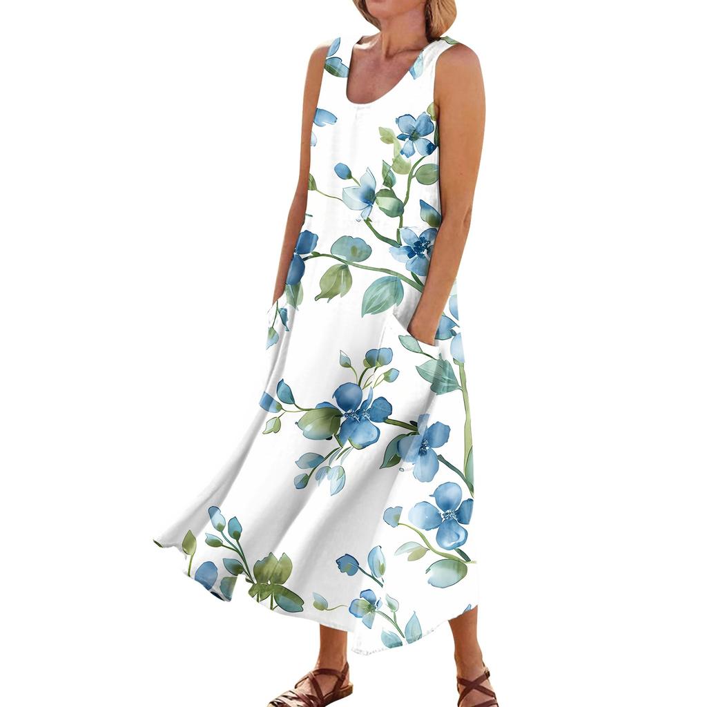 Платье без рукавов для женщин. Женское летнее повседневное модное платье без рукавов с круглым вырезом и карманом с принтом.