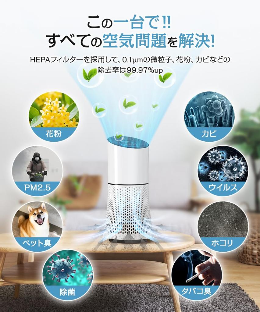 Air Purifier Circulation Compact Deodorizer Pollen Prevention Compatible with Tatami Mats Quiet Lightweight Energy Saving Pet Triple HEPA Filter 3