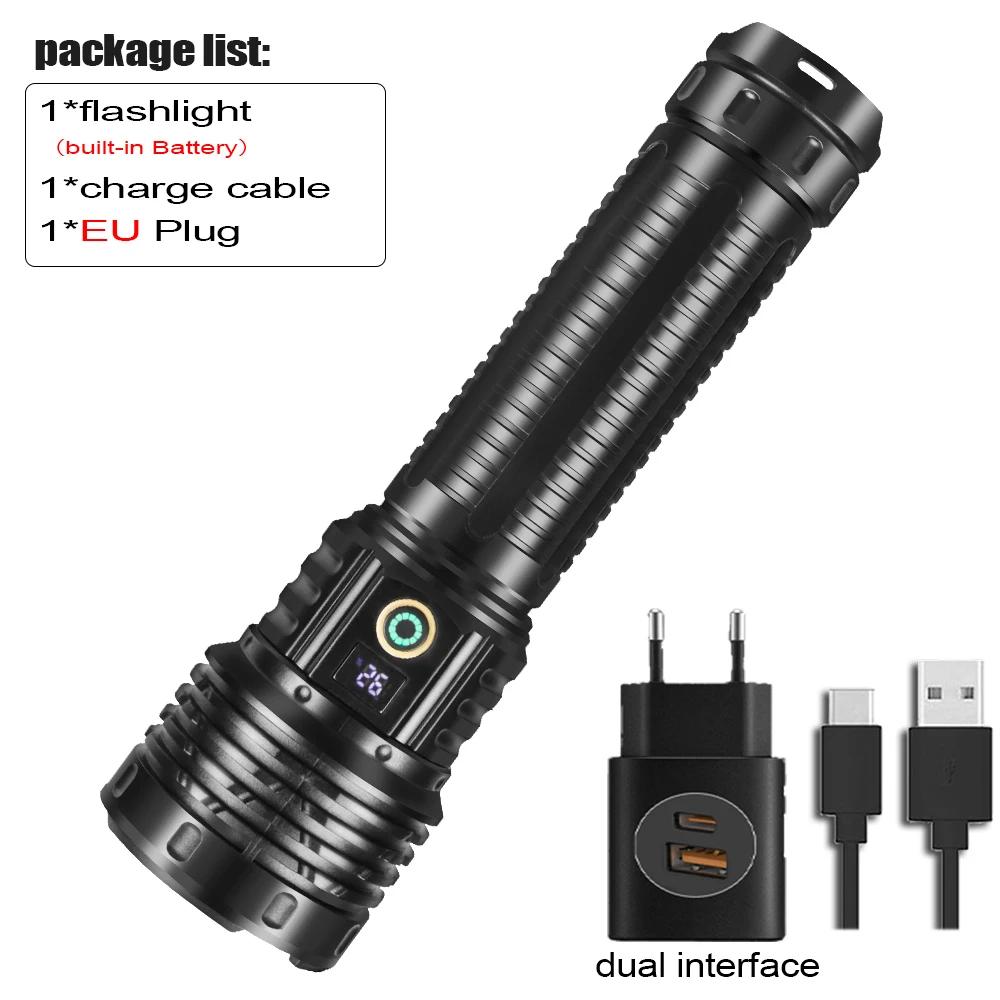 3000000LM High Power LED Flashlight 4500mah Built-in Battery Torch Ultra Bright Telescopic Zoom Powerful Lantern with Tail Light