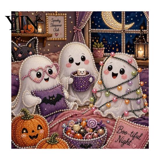 Sparkling Faux Pearl Mosaic Picture Halloween Painting Kit, Cute Ghost 3D Art DIY Relaxing Craft Projects for After Work Kit Adults, Christmas