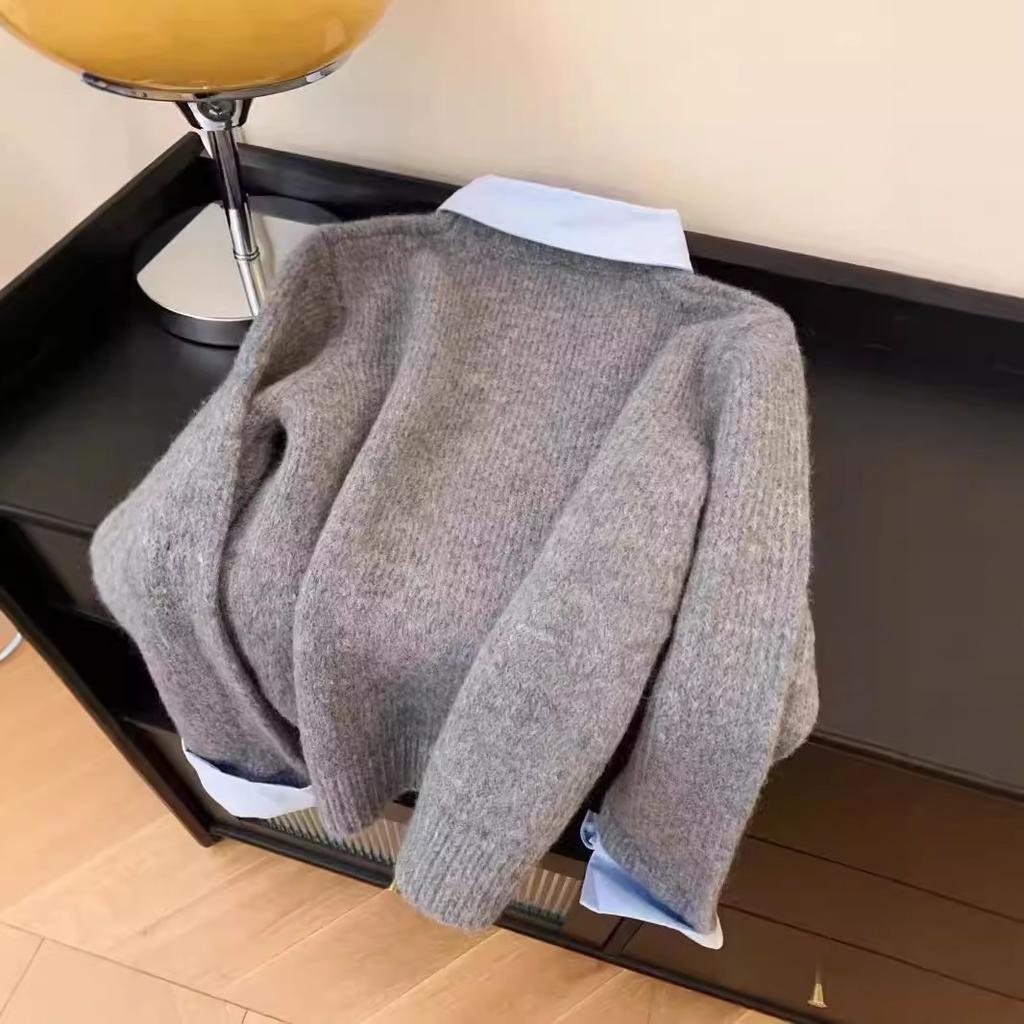 Поддельный двухсекционный свитер с воротником-рубашкой, женский, осень-зима, новый внутренний слой, ленивый стиль, контрастный лацкан, серый топ