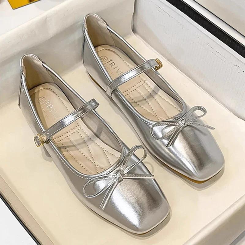 Fashion Silver Bowtie Mary Jane Pumps Fashion Women Square Toe Pu Leather Party Shoes Autumn New Woman Low Heels Wedges Buckle Shoes
