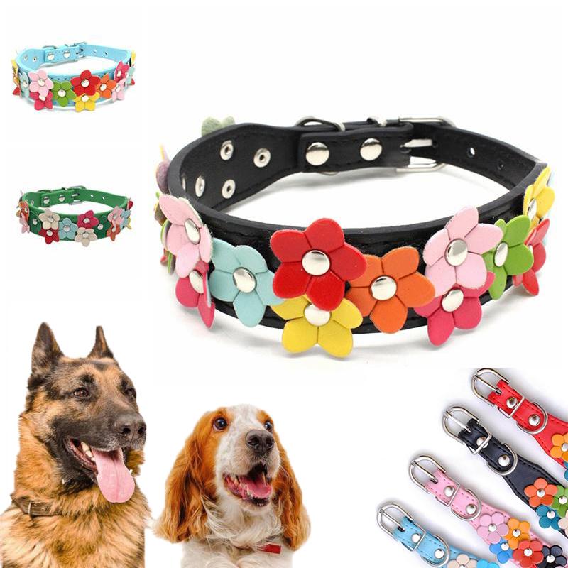 Высококачественный 8 цветов на выбор из искусственной кожи, регулируемый ошейник для собак, товары для животных, цветы, заклепки, модное ожерелье для щенков, ручная работа