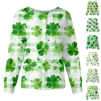 Женская повседневная модная блузка с длинным рукавом, воротником-стойкой и однобортной застежкой. Куртки-топы рабочей одежды с принтом ко Дню святого Патрика