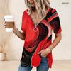 Women Colorful Abstract Smoke Print V Neck Zipper Short Sleeve Tunic Shirt Loose Irregular Hem Casual Summer Daily Top