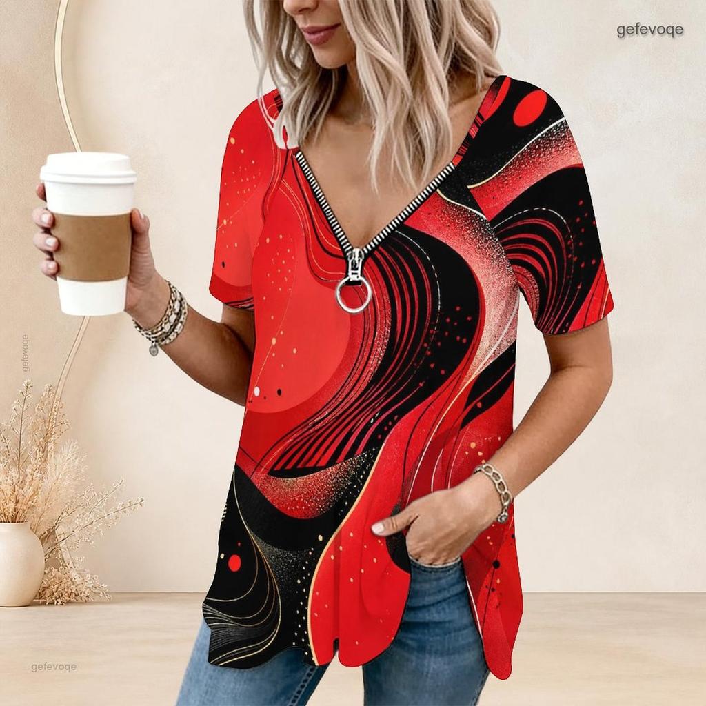 Women Colorful Abstract Smoke Print V Neck Zipper Short Sleeve Tunic Shirt Loose Irregular Hem Casual Summer Daily Top