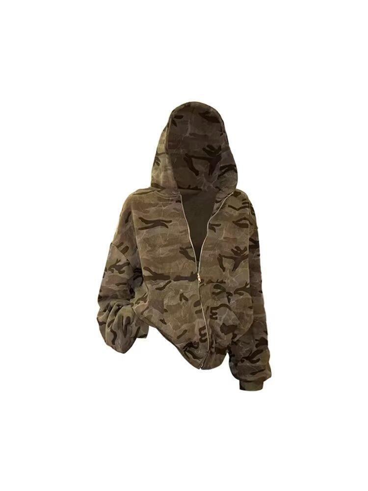 Ретро-толстовка с камуфляжным принтом в уличном стиле для мужчин и женщин - Модная унисекс куртка на молнии