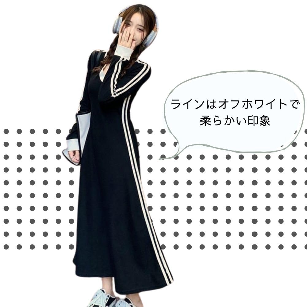 ALVEIN Long Soft Side Korean Plus Long Long Elegant Flattering Women's Dress, Lines, Stripes, Style, Casual, Sizes, Length, Sleeves, Tunic, (L)